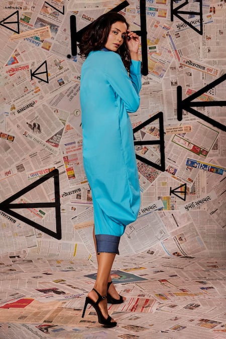 Shop Echke Blue Cotton Collared Patchwork Midi Dress at Aza Fashions Shop_Echke_Blue Cotton Collared Patchwork Midi Dress _at_Aza_Fashions