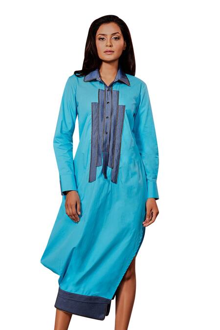 Echke Blue Cotton Collared Patchwork Midi Dress Online at Aza Fashions Echke_Blue Cotton Collared Patchwork Midi Dress _Online_at_Aza_Fashions
