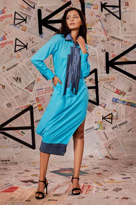 Buy Echke Blue Cotton Collared Patchwork Midi Dress Online at Aza Fashions Buy_Echke_Blue Cotton Collared Patchwork Midi Dress _Online_at_Aza_Fashions