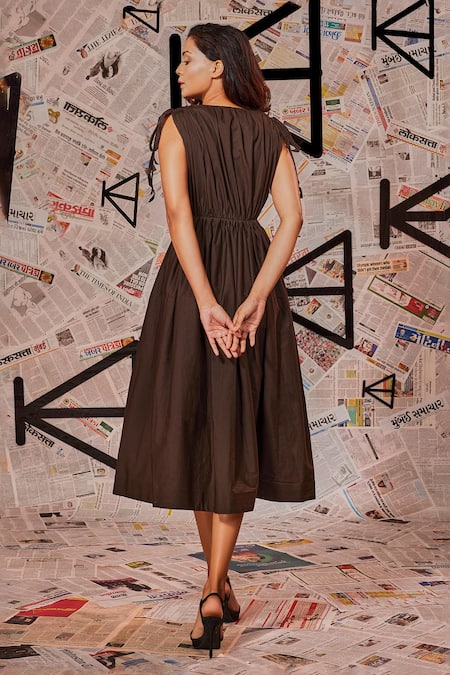 Shop Echke Brown Cotton V-neck Ruched Flared Midi Dress at Aza Fashions Shop_Echke_Brown Cotton V-neck Ruched Flared Midi Dress _at_Aza_Fashions