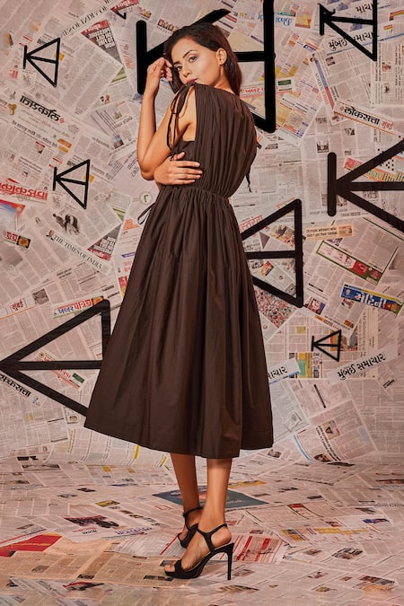 Echke Brown Cotton V-neck Ruched Flared Midi Dress Online at Aza Fashions Echke_Brown Cotton V-neck Ruched Flared Midi Dress _Online_at_Aza_Fashions