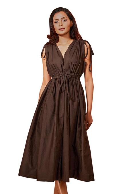 Shop Echke Brown Cotton V-neck Ruched Flared Midi Dress Online at Aza Fashions Shop_Echke_Brown Cotton V-neck Ruched Flared Midi Dress _Online_at_Aza_Fashions