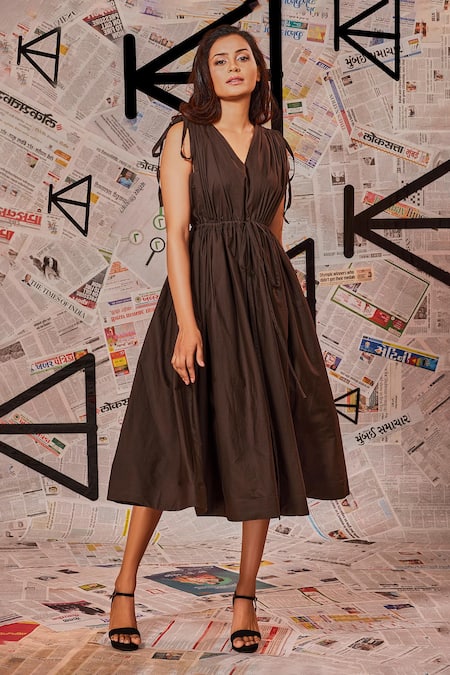 Echke Brown Cotton V-neck Ruched Flared Midi Dress at Aza Fashions Echke_Brown Cotton V-neck Ruched Flared Midi Dress _at_Aza_Fashions