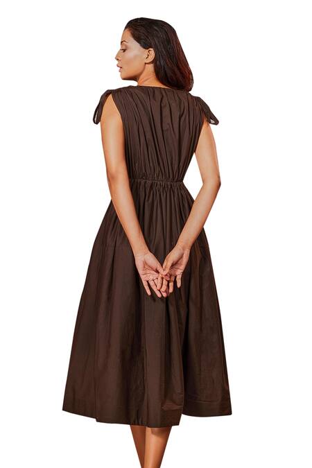 Shop Echke Brown Cotton V-neck Ruched Flared Midi Dress Shop_Echke_Brown Cotton V-neck Ruched Flared Midi Dress