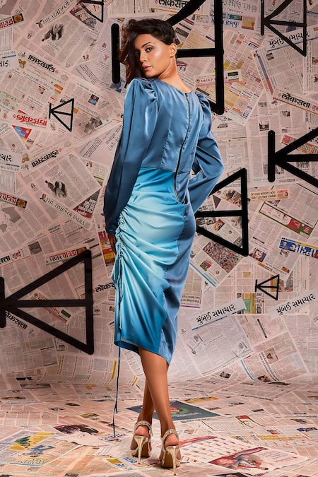Shop Echke Blue Satin Side Ruched Midi Dress at Aza Fashions Shop_Echke_Blue Satin Side Ruched Midi Dress _at_Aza_Fashions