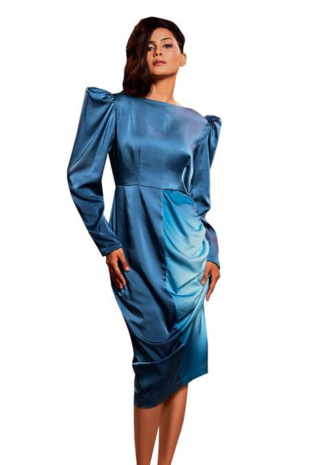 Buy Echke Blue Satin Side Ruched Midi Dress Online at Aza Fashions Buy_Echke_Blue Satin Side Ruched Midi Dress _Online_at_Aza_Fashions