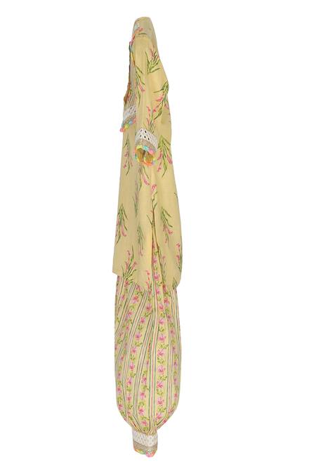 Minime Organics_Yellow Cotton Mirrors, Embroidery Lily Print Lace Kurta With Harem Pant _Online_at_Aza_Fashions