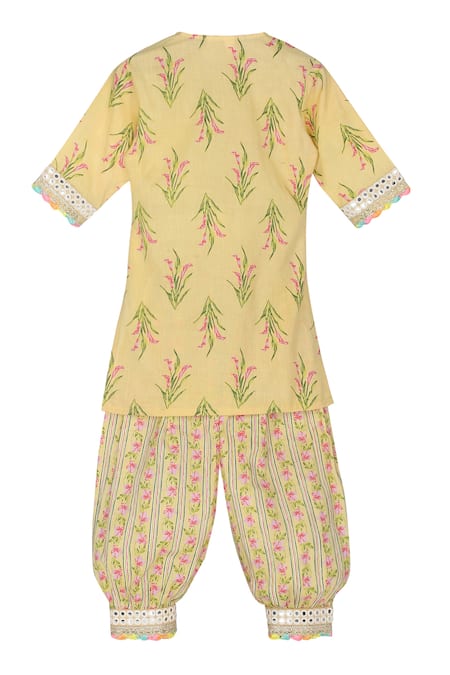 Shop_Minime Organics_Yellow Cotton Mirrors, Embroidery Lily Print Lace Kurta With Harem Pant _at_Aza_Fashions