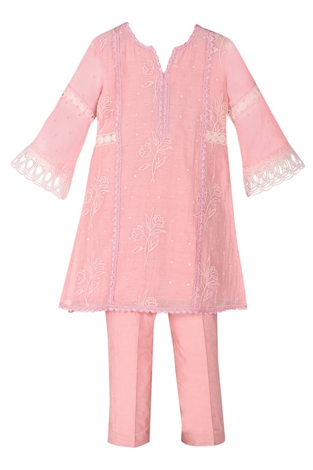 MINIME ORGANICS Pink Chanderi Silk Embroidery Lace Flora And Cutwork Kurta With Pant 