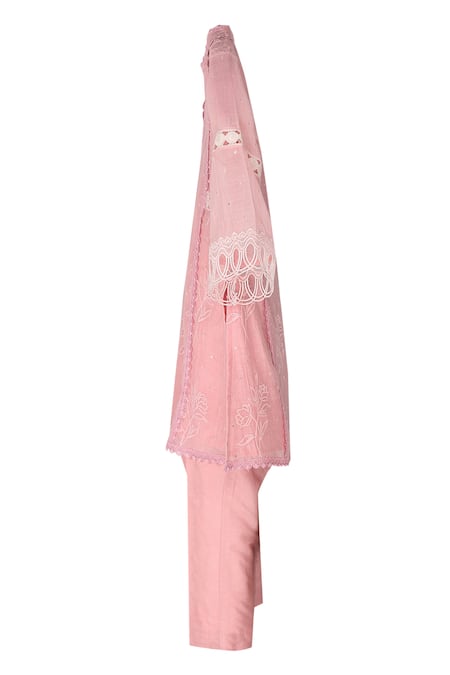 Minime Organics Pink Chanderi , Cotton, Lace, Cut Flora And Embroidered Kurta With Pant Online at Aza Fashions Minime Organics_Pink Chanderi , Cotton, Lace, Cut Flora And Embroidered Kurta With Pant _Online_at_Aza_Fashions