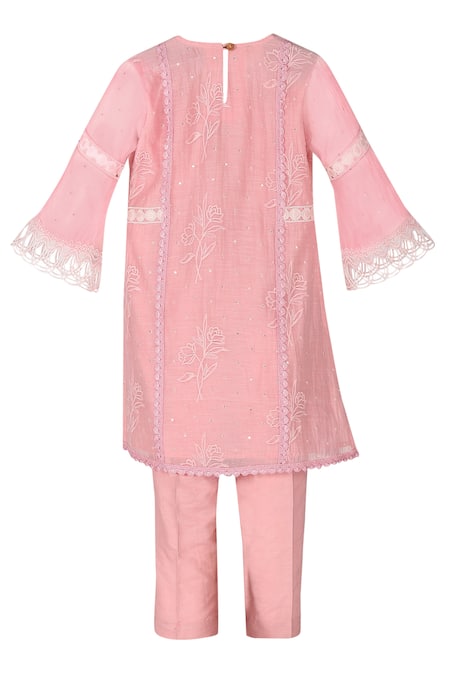 Shop Minime Organics Pink Chanderi , Cotton, Lace, Cut Flora And Embroidered Kurta With Pant at Aza Fashions Shop_Minime Organics_Pink Chanderi , Cotton, Lace, Cut Flora And Embroidered Kurta With Pant _at_Aza_Fashions