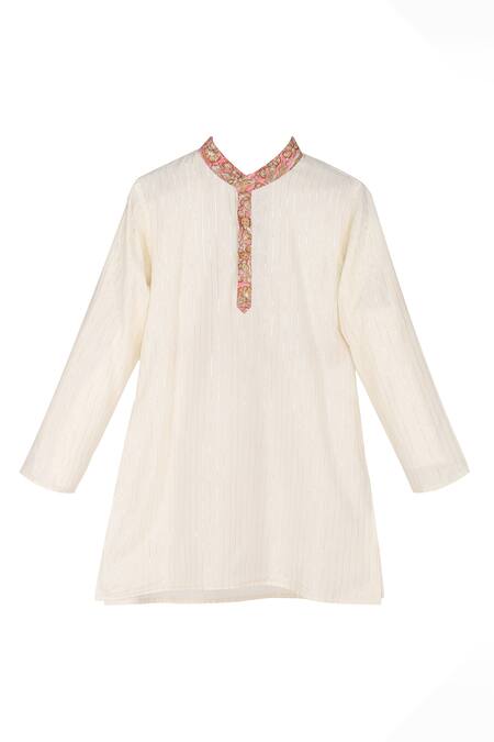 MINIME ORGANICS Off White Cotton Embellished Striped Printed Placket Kurta 