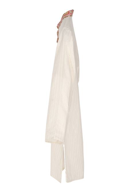 Minime Organics Off White Cotton, Lurex Embroidery Striped Printed Placket Kurta Online at Aza Fashions Minime Organics_Off White Cotton, Lurex Embroidery Striped Printed Placket Kurta _Online_at_Aza_Fashions