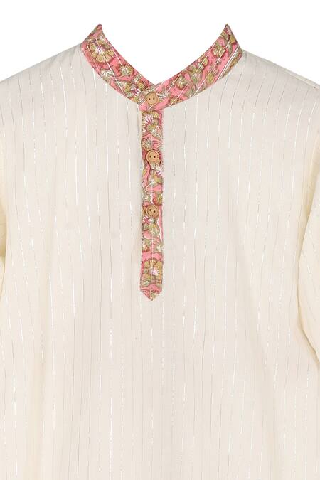 Buy Minime Organics Off White Cotton, Lurex Embroidery Striped Printed Placket Kurta Online at Aza Fashions Buy_Minime Organics_Off White Cotton, Lurex Embroidery Striped Printed Placket Kurta _Online_at_Aza_Fashions