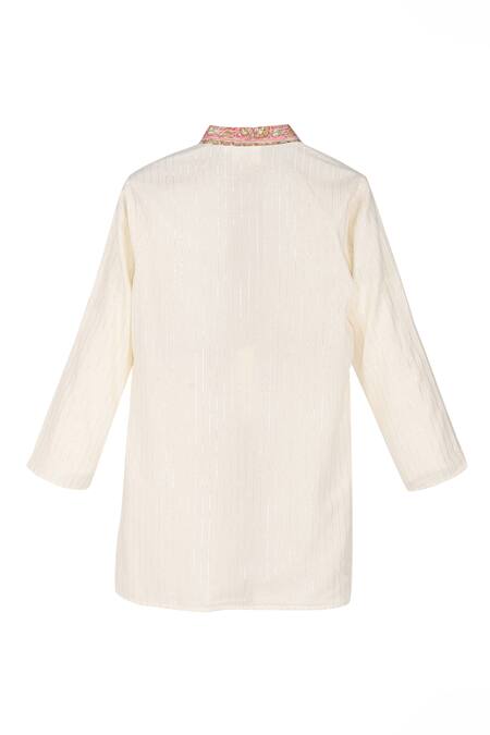 Shop Minime Organics Off White Cotton, Lurex Embroidery Striped Printed Placket Kurta at Aza Fashions Shop_Minime Organics_Off White Cotton, Lurex Embroidery Striped Printed Placket Kurta _at_Aza_Fashions