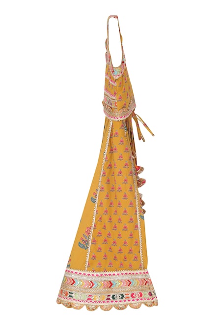 Minime Organics_Yellow Cotton, Chiffon Gota Patti, Wildbloom Print Lace Embellished Lehenga Set _Online_at_Aza_Fashions