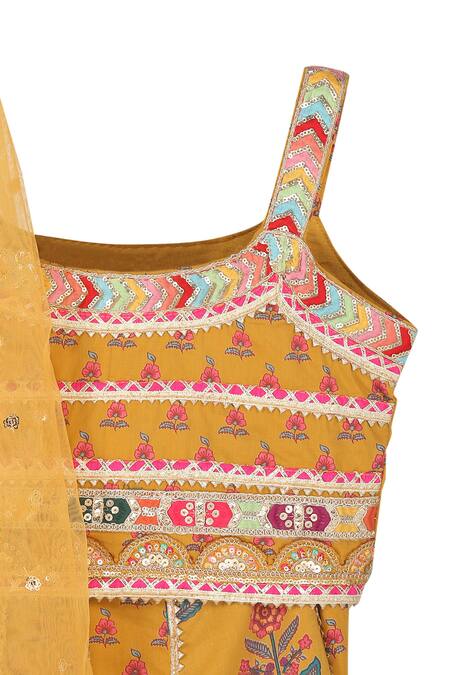 Buy_Minime Organics_Yellow Cotton, Chiffon Gota Patti, Wildbloom Print Lace Embellished Lehenga Set _Online_at_Aza_Fashions