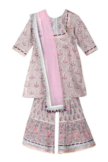 MINIME ORGANICS Grey Cotton Print Phool Lurex Striped Kurta Sharara Set 