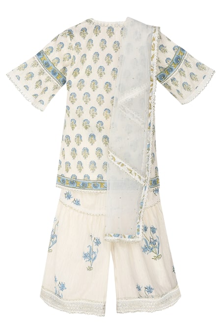 Shop Minime Organics Off White Cotton, Lurex Lace Gul Print Striped Kurta Sharara Set at Aza Fashions Shop_Minime Organics_Off White Cotton, Lurex Lace Gul Print Striped Kurta Sharara Set _at_Aza_Fashions