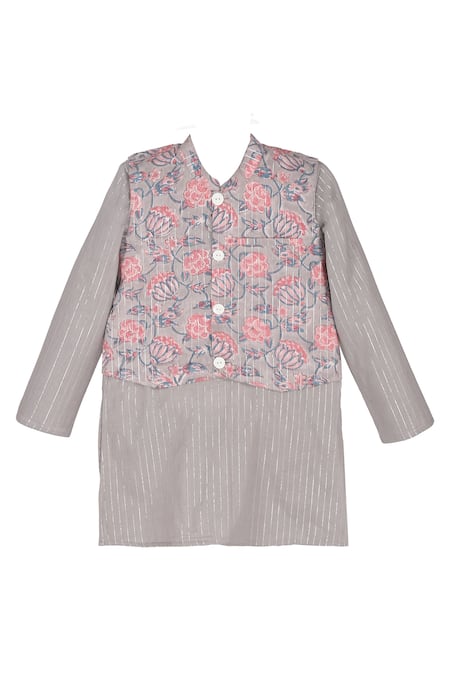 MINIME ORGANICS Blossom Print Bundi With Lurex Striped Kurta 