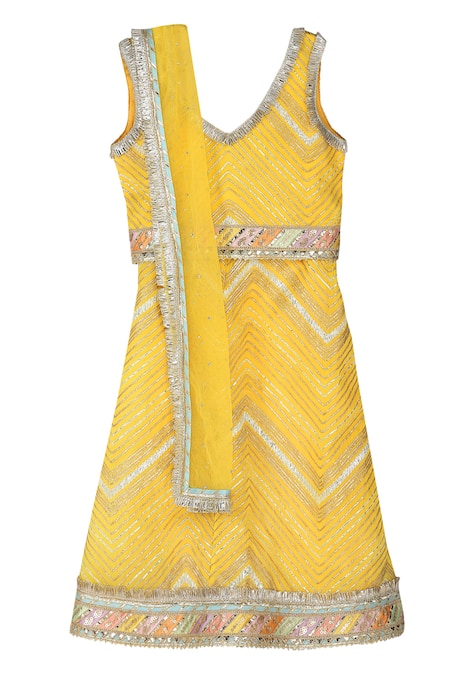 MINIME ORGANICS Yellow Chinon Lining Cotton Embroidery Chevron Lace Embellished Lehenga Set 