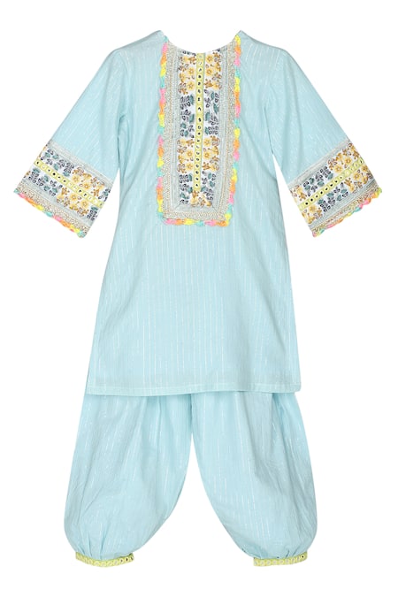 MINIME ORGANICS Blue Lurex Lining Embroidery Striped Kurta With Harem Pant 