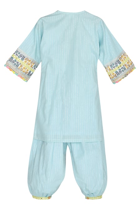 Shop Minime Organics Blue , Satin, Lurex Floral Striped Kurta With Harem Pant at Aza Fashions Shop_Minime Organics_Blue , Satin, Lurex Floral Striped Kurta With Harem Pant _at_Aza_Fashions