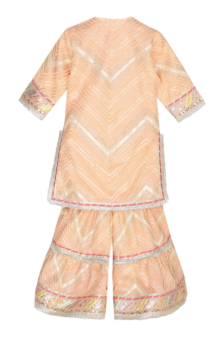 Minime Organics_Peach Chiffon, Cotton Gota Patti, Embroidery Chevron And Aari Kurta Sharara Set_Online_at_Aza_Fashions