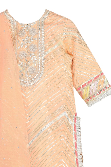 Shop_Minime Organics_Peach Chiffon, Cotton Gota Patti, Embroidery Chevron And Aari Kurta Sharara Set_Online_at_Aza_Fashions