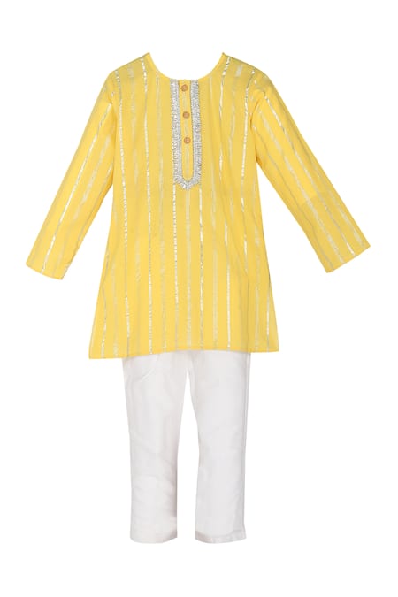 MINIME ORGANICS Yellow Cotton Striped Kurta With Pyjama 