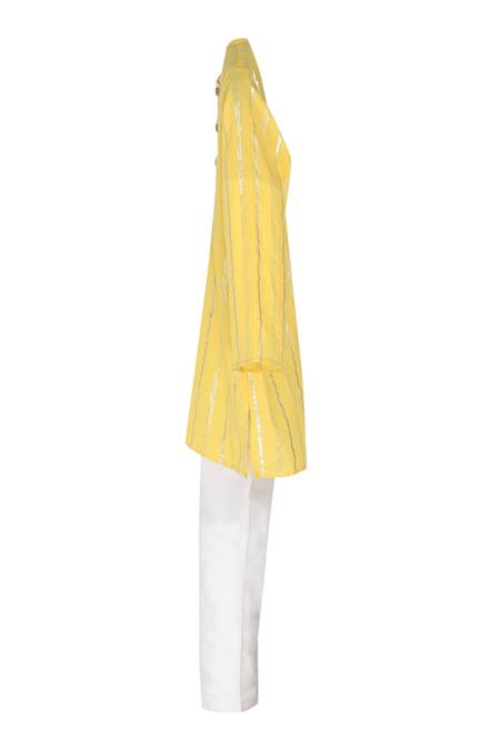 Minime Organics_Yellow Cotton, Lurex Striped Kurta With Pyjama _Online_at_Aza_Fashions