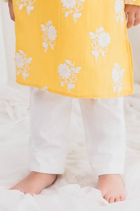 Chotibuti Yellow Chanderi, Cotton Embroidery Floral Kurta With Pyjama Online at Aza Fashions Chotibuti_Yellow Chanderi, Cotton Embroidery Floral Kurta With Pyjama _Online_at_Aza_Fashions