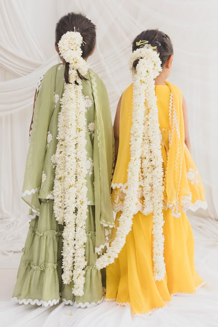 Chotibuti_Yellow Chanderi Lace, Embroidery Thread Peplum Kurta Sharara Set _Online_at_Aza_Fashions