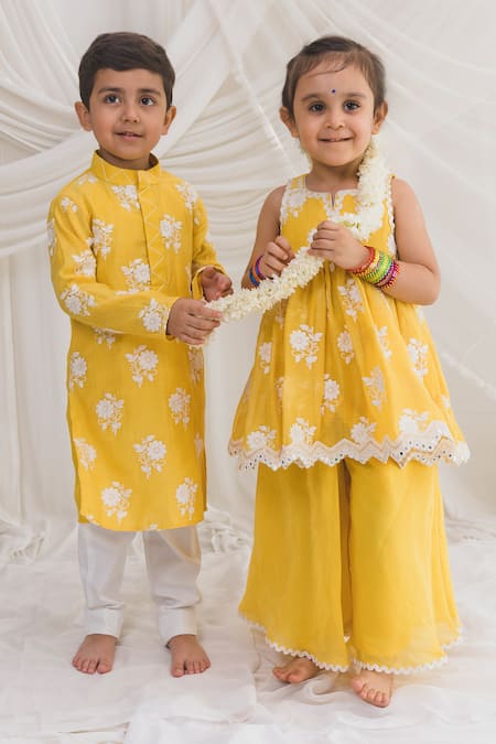 Buy_Chotibuti_Yellow Chanderi Lace, Embroidery Thread Peplum Kurta Sharara Set _Online_at_Aza_Fashions