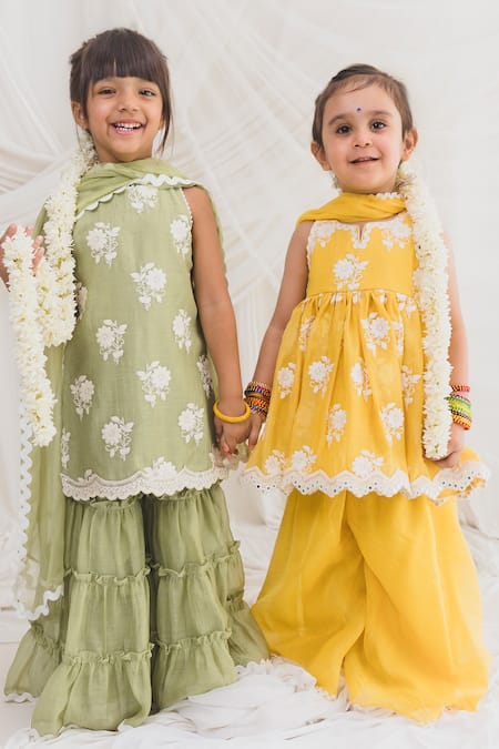 Shop_Chotibuti_Yellow Chanderi Lace, Embroidery Thread Peplum Kurta Sharara Set _Online_at_Aza_Fashions