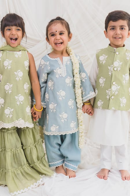 Chotibuti Green Chanderi Embroidery, Lace Floral Kurta Sharara Set Online at Aza Fashions Chotibuti_Green Chanderi Embroidery, Lace Floral Kurta Sharara Set _Online_at_Aza_Fashions