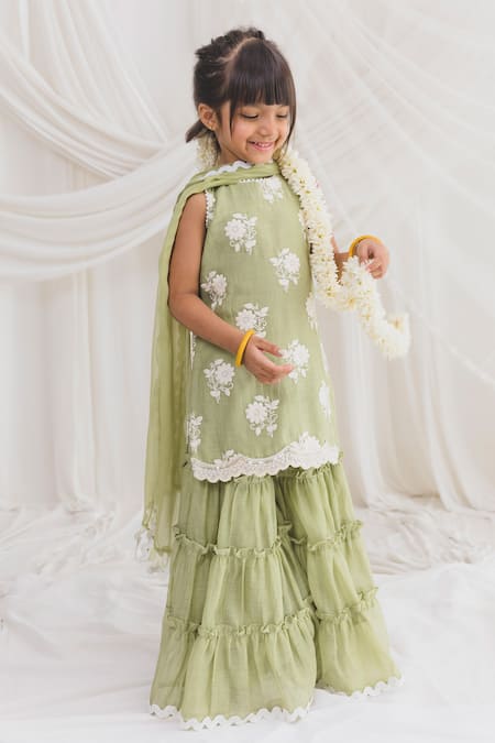 Shop Chotibuti Green Chanderi Embroidery, Lace Floral Kurta Sharara Set Online at Aza Fashions Shop_Chotibuti_Green Chanderi Embroidery, Lace Floral Kurta Sharara Set _Online_at_Aza_Fashions