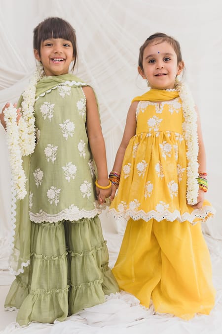 Shop Chotibuti Green Chanderi Embroidery, Lace Floral Kurta Sharara Set Shop_Chotibuti_Green Chanderi Embroidery, Lace Floral Kurta Sharara Set