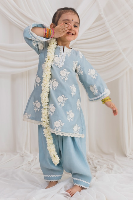 Chotibuti Blue Chanderi Lace Floral Embroidered Kurta With Salwar 