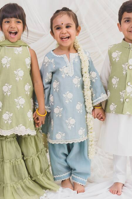 Chotibuti_Blue Chanderi Lace Floral Embroidered Kurta With Salwar _Online_at_Aza_Fashions