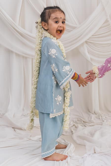 Chotibuti_Blue Chanderi Lace Floral Embroidered Kurta With Salwar _at_Aza_Fashions