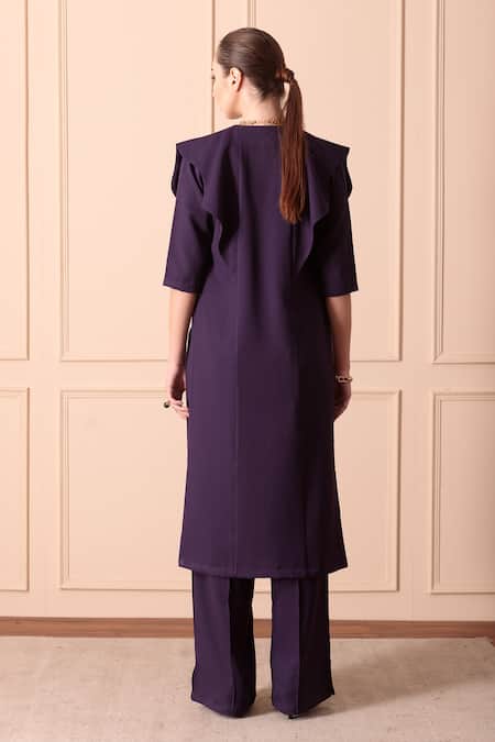 Shop_Orcr_Blue Moss Crepe Hand Embroidered Crystal Beads Jacket Exaggerated Trouser Set _at_Aza_Fashions