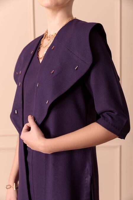 Orcr_Blue Moss Crepe Hand Embroidered Crystal Beads Jacket Exaggerated Trouser Set _Online_at_Aza_Fashions