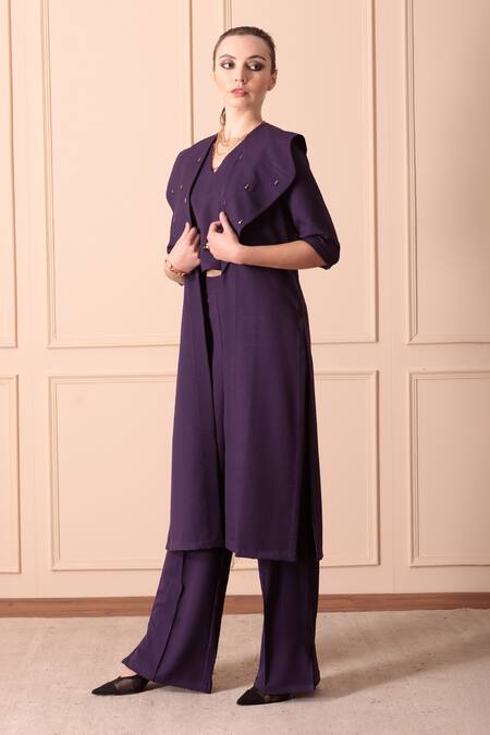 Shop_Orcr_Blue Moss Crepe Hand Embroidered Crystal Beads Jacket Exaggerated Trouser Set _Online_at_Aza_Fashions