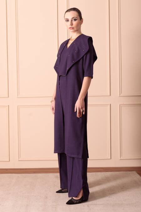 Orcr_Blue Moss Crepe Hand Embroidered Crystal Beads Jacket Exaggerated Trouser Set _at_Aza_Fashions