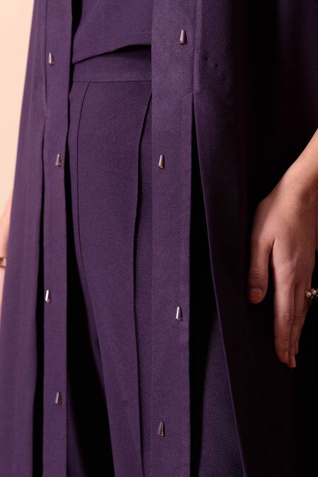 Buy_Orcr_Blue Moss Crepe Hand Embroidered Crystal Beads Jacket Exaggerated Trouser Set 