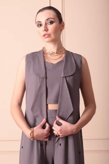 Orcr_Grey Modal Beads V-neck Hand Embroidered Jacket Pant Set _Online_at_Aza_Fashions