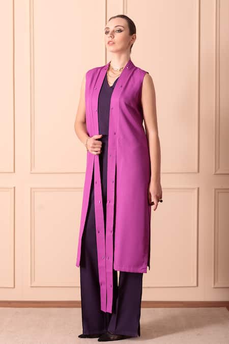 Shop_Orcr_Purple Modal Beads Open Neck Glass Hand Embroidered Jacket Pant Set _Online_at_Aza_Fashions