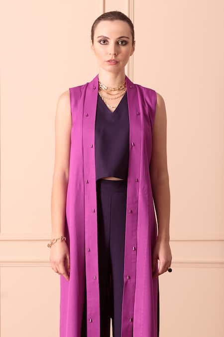 Orcr Purple Modal Beads Open Neck Glass Hand Embroidered Jacket Pant Set at Aza Fashions Orcr_Purple Modal Beads Open Neck Glass Hand Embroidered Jacket Pant Set _at_Aza_Fashions