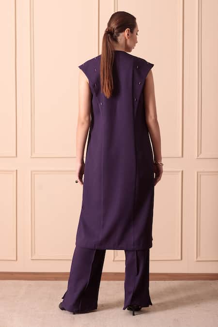 Shop_Orcr_Blue Modal Embroidery Open Neck Glass Beaded Hand Jacket Pant Set _at_Aza_Fashions